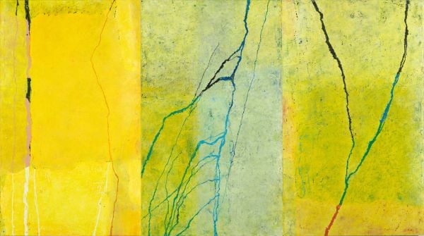 Yellow pastel artwork with blue line marks, on cover of 'Paco Knöller, Unter mir der Himmel (Beneath Me, the Sky), by Kerber.