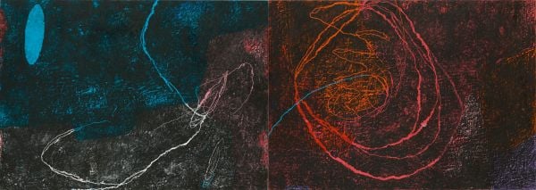 Yellow pastel artwork with blue line marks, on cover of 'Paco Knöller, Unter mir der Himmel (Beneath Me, the Sky), by Kerber.