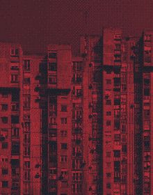 Tower block with red filter, on cover of 'Marius Svaleng Andresen, Life in the New', by Kerber.