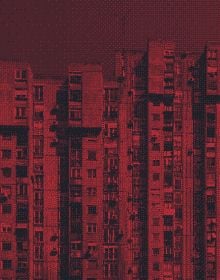 Tower block with red filter, on cover of 'Marius Svaleng Andresen, Life in the New', by Kerber.