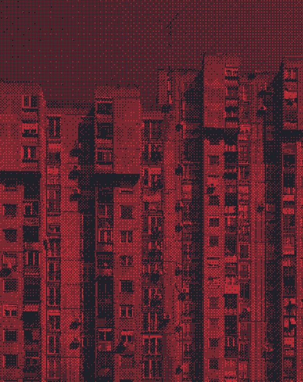 Tower block with red filter, on cover of 'Marius Svaleng Andresen, Life in the New', by Kerber.