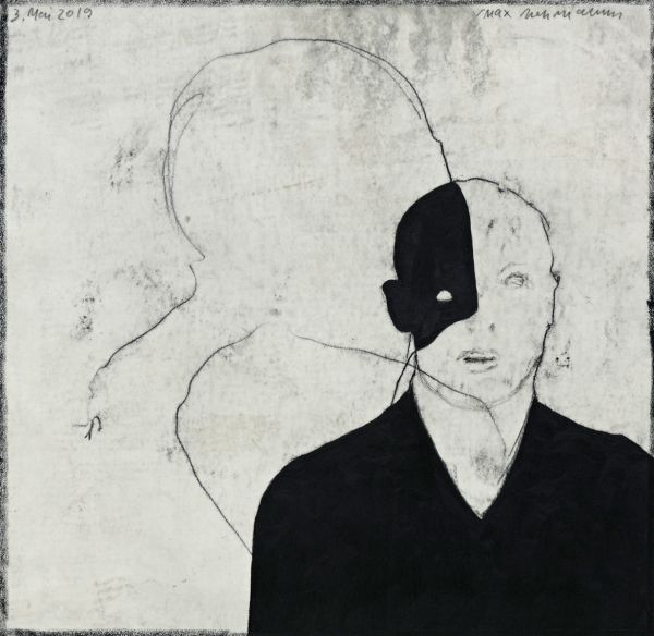 Black silhouette of figure with off-white ring shapes on chest, on cream cover of 'Max Neumann, Journey / Wanderung', by Kerber.