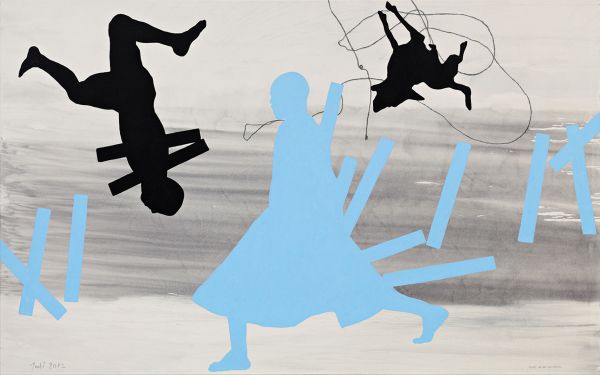 Black silhouette of figure with off-white ring shapes on chest, on cream cover of 'Max Neumann, Journey / Wanderung', by Kerber.