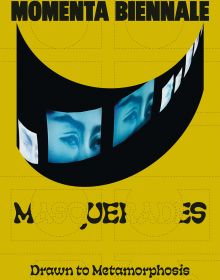 Repeated slide of pair of eyes, on mustard yellow cover of 'MOMENTA Biennale de l’image, Masquerades: Drawn to Metamorphosis', by Kerber.