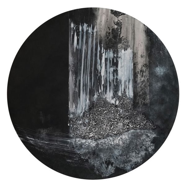 Book cover of Infinite Walk: Katharina Lehmann, with black thread painting. Published by Kerber.