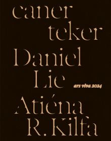 Black book cover of ars viva 2024, Atiéna R. Kilfa, Daniel Lie, caner teker, with pale gold font. Published by Kerber.
