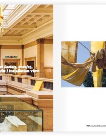 Black book cover of ars viva 2024, Atiéna R. Kilfa, Daniel Lie, caner teker, with pale gold font. Published by Kerber.