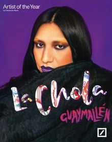 Book cover of La Chola Poblete: Guaymallén: Deutsche Bank Artist of the Year 2023, with the artist wrapped in black coat, and wearing purple lipstick. Published by Kerber.