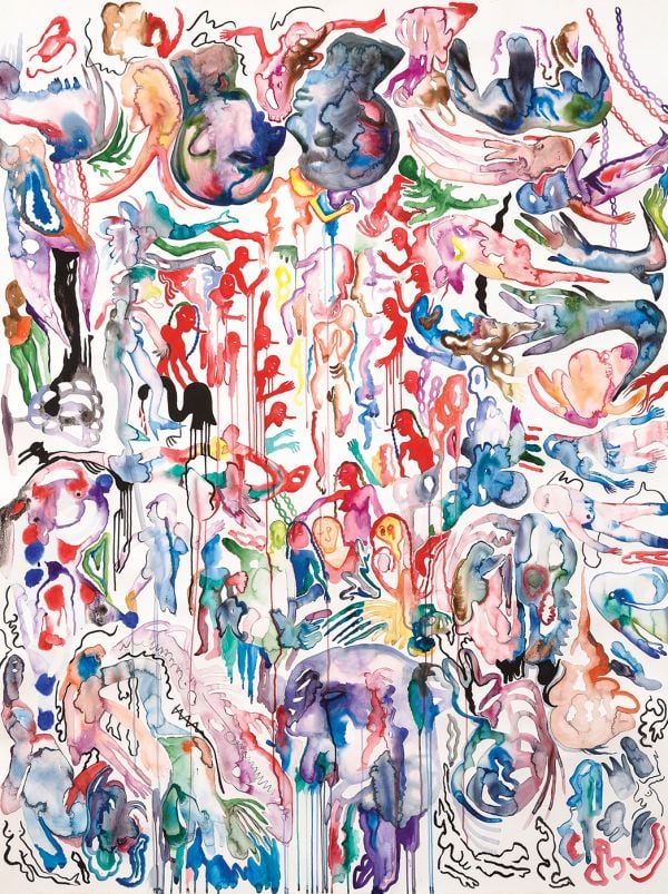 Book cover of La Chola Poblete: Guaymallén: Deutsche Bank Artist of the Year 2023, with the artist wrapped in black coat, and wearing purple lipstick. Published by Kerber.