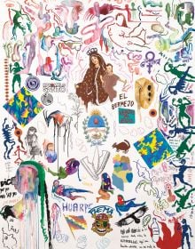 Book cover of La Chola Poblete: Guaymallén: Deutsche Bank Artist of the Year 2023, with the artist wrapped in black coat, and wearing purple lipstick. Published by Kerber.