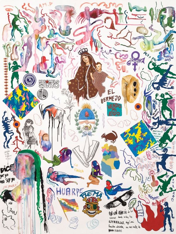 Book cover of La Chola Poblete: Guaymallén: Deutsche Bank Artist of the Year 2023, with the artist wrapped in black coat, and wearing purple lipstick. Published by Kerber.