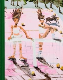 Book cover of Mie Olise Kjærgaard: Ferocious Expeditions, with a painting of two figures standing on a tennis court. Published by Kerber.