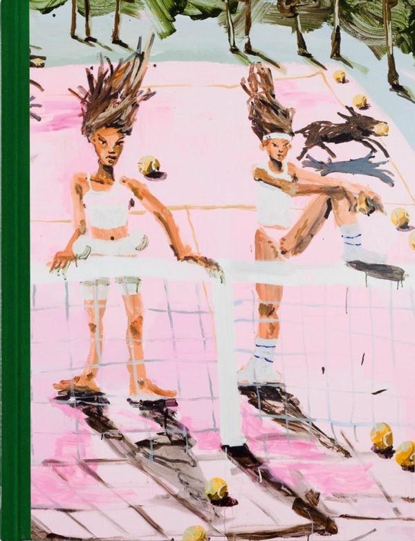 Book cover of Mie Olise Kjærgaard: Ferocious Expeditions, with a painting of two figures standing on a tennis court. Published by Kerber.