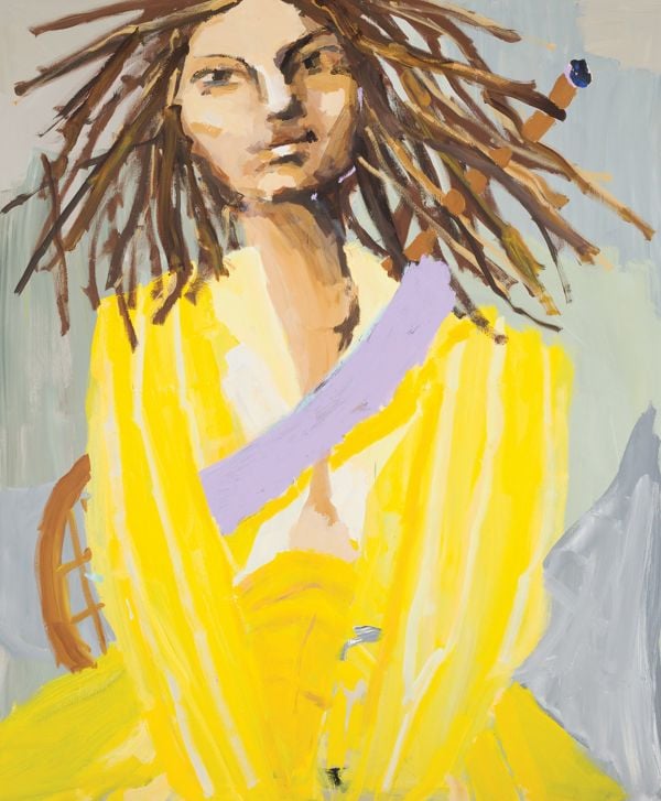 Book cover of Mie Olise Kjærgaard: Ferocious Expeditions, with a painting of two figures standing on a tennis court. Published by Kerber.