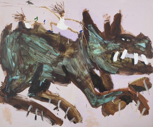 Book cover of Mie Olise Kjærgaard: Ferocious Expeditions, with a painting of two figures standing on a tennis court. Published by Kerber.