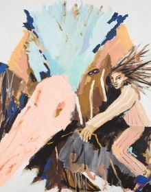 Book cover of Mie Olise Kjærgaard: Ferocious Expeditions, with a painting of two figures standing on a tennis court. Published by Kerber.