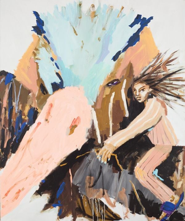 Book cover of Mie Olise Kjærgaard: Ferocious Expeditions, with a painting of two figures standing on a tennis court. Published by Kerber.