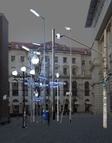 Book cover of Albert Coers: Streets Names Lights. A Monument for the Mann Family, with a collection of street lamps. Published by Kerber.