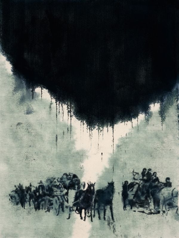 Book cover of Lifeline: Dieter Mammel, with a watercolour of figure with its back to viewer, and dark figure standing on shoulder. Published by Kerber.