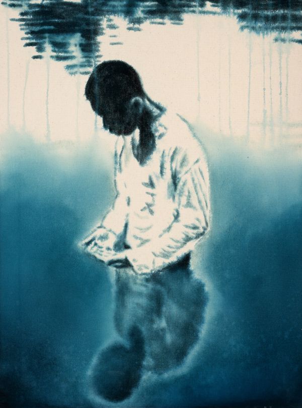 Book cover of Lifeline: Dieter Mammel, with a watercolour of figure with its back to viewer, and dark figure standing on shoulder. Published by Kerber.