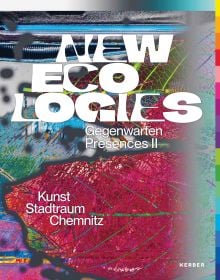 Book cover of New Ecologies: Art and Climate, with a multicoloured leaf. Published by Kerber.
