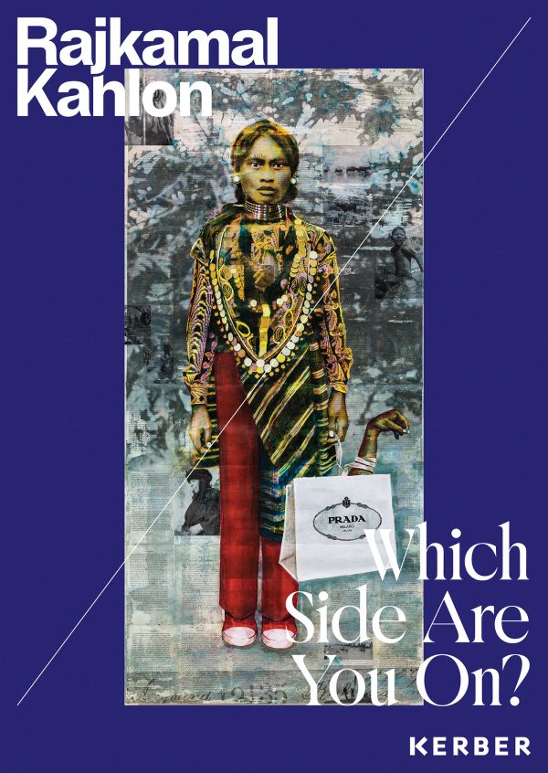 Book cover of Which Side Are You On? Rajkamal Kahlon, featuring a painting of a figure carrying a Prada shopping bag. Published by Kerber.