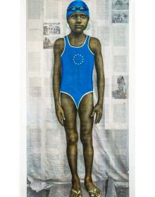 Book cover of Which Side Are You On? Rajkamal Kahlon, featuring a painting of a figure carrying a Prada shopping bag. Published by Kerber.