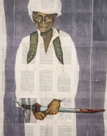 Book cover of Which Side Are You On? Rajkamal Kahlon, featuring a painting of a figure carrying a Prada shopping bag. Published by Kerber.