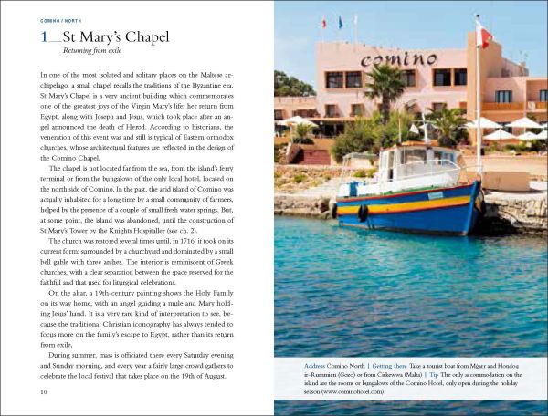 Colourful wooden boat, near centre of bright blue cover of '111 Places in Malta That You Shouldn't Miss', by Emons Verlag.