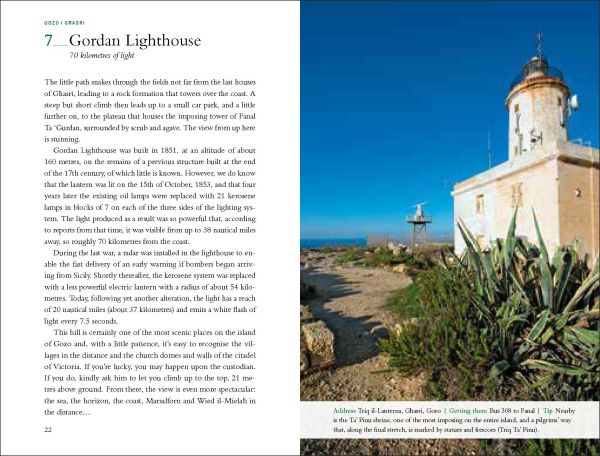 Colourful wooden boat, near centre of bright blue cover of '111 Places in Malta That You Shouldn't Miss', by Emons Verlag.
