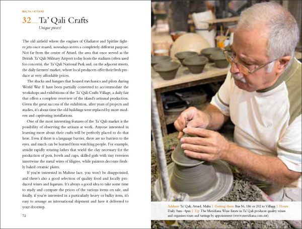 Colourful wooden boat, near centre of bright blue cover of '111 Places in Malta That You Shouldn't Miss', by Emons Verlag.