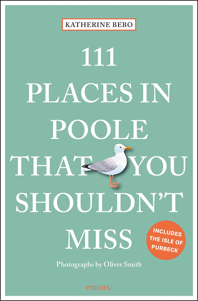 Seagull near centre of pale green cover of '111 Places in Poole That You Shouldn't Miss', by Emons Verlag.