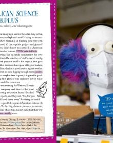 Giraffe, blue acoustic guitar and baseball, to pale blue cover of '111 Places for Kids in Chicago That You Must Not Miss', by Emons Verlag.