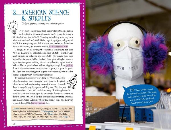 Giraffe, blue acoustic guitar and baseball, to pale blue cover of '111 Places for Kids in Chicago That You Must Not Miss', by Emons Verlag.