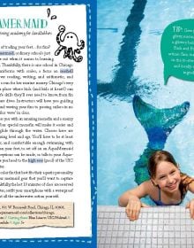 Giraffe, blue acoustic guitar and baseball, to pale blue cover of '111 Places for Kids in Chicago That You Must Not Miss', by Emons Verlag.