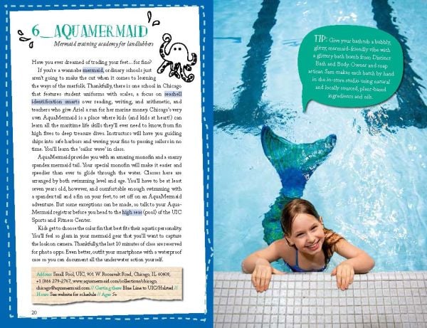 Giraffe, blue acoustic guitar and baseball, to pale blue cover of '111 Places for Kids in Chicago That You Must Not Miss', by Emons Verlag.