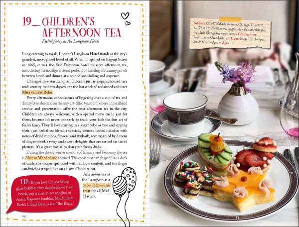 Giraffe, blue acoustic guitar and baseball, to pale blue cover of '111 Places for Kids in Chicago That You Must Not Miss', by Emons Verlag.