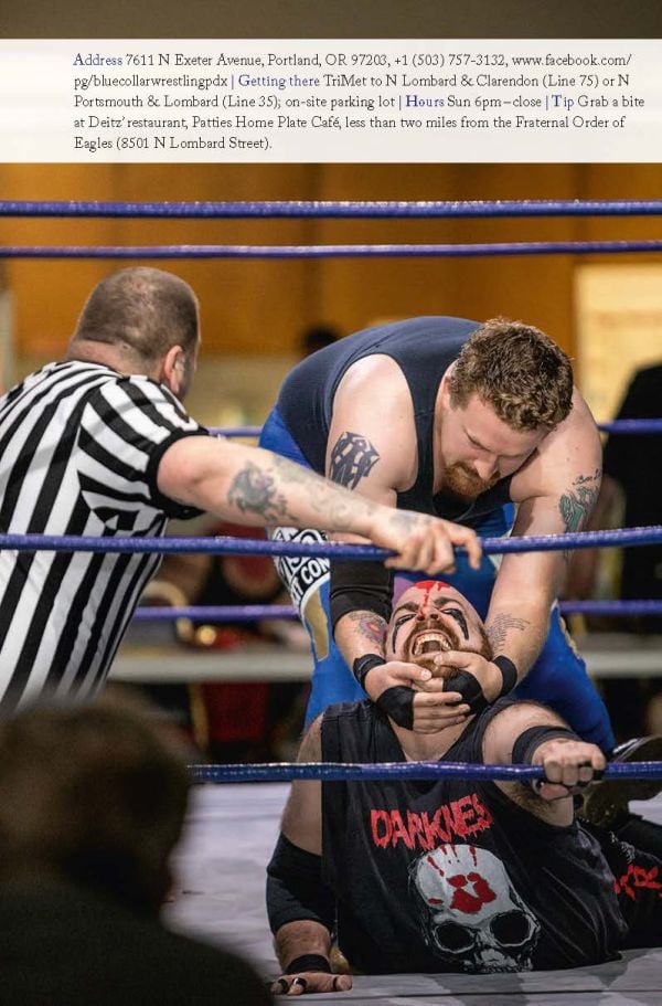 Red rose near centre of green cover of '111 Places in Portland That You Must Not Miss', by Emons Verlag.