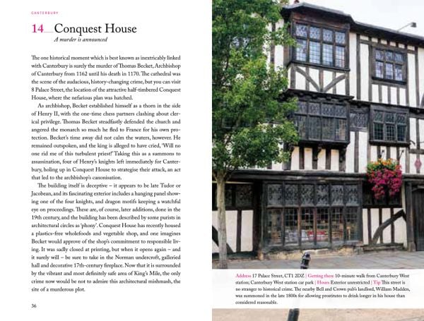 Gold Canterbury cross near centre of dark blue cover of '111 Places in Canterbury That You Shouldn't Miss', by Emons Verlag.