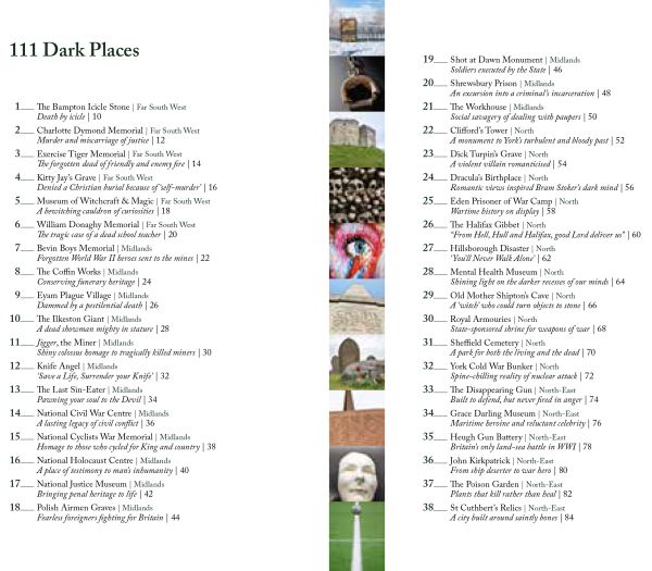 Grave stone with red rose near center of dark green cover of '111 Dark Places in England That You Shouldn't Miss', by Emons Verlag.