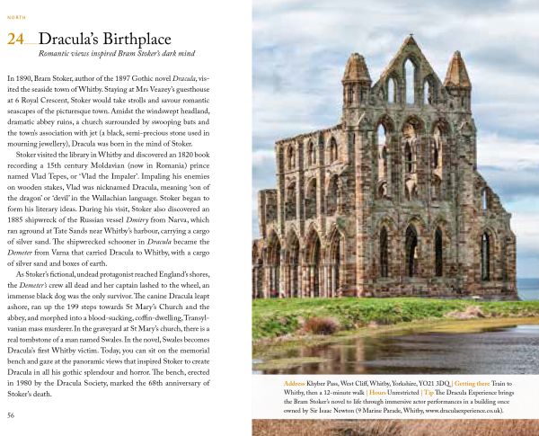 Grave stone with red rose near center of dark green cover of '111 Dark Places in England That You Shouldn't Miss', by Emons Verlag.