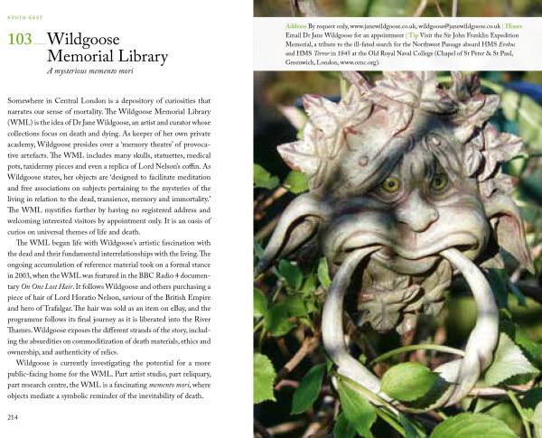 Grave stone with red rose near center of dark green cover of '111 Dark Places in England That You Shouldn't Miss', by Emons Verlag.