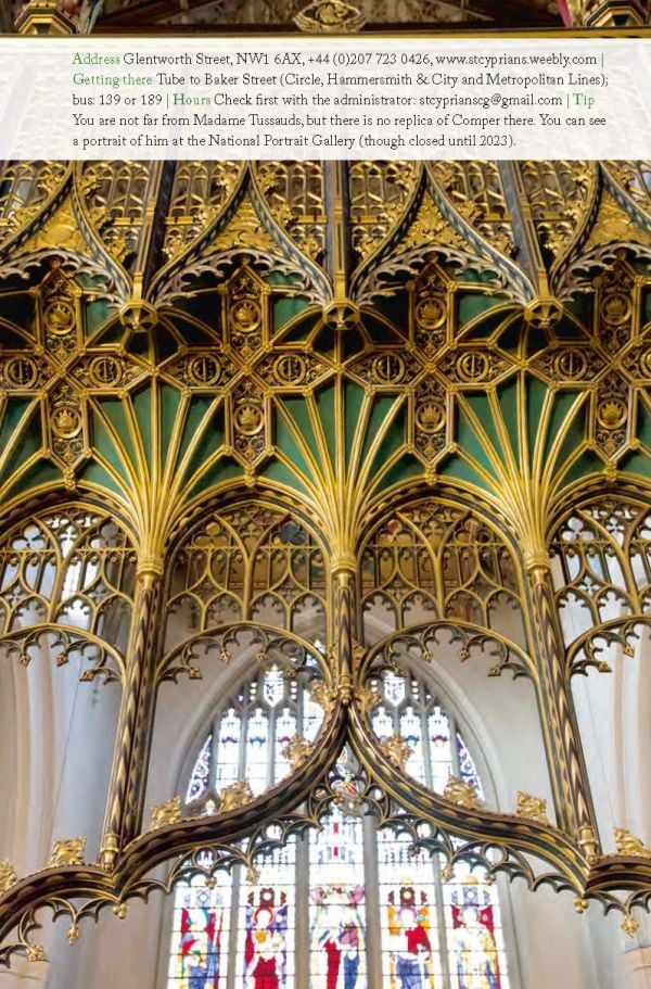 Domed tower near centre of pale blue cover of '111 Churches in London That You Shouldn't Miss', by Emons Verlag.