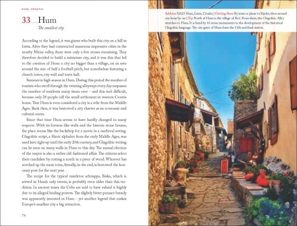 Golden double handled trophy near center of turquoise cover of '111 Extreme Places in Europe That You Shouldn't Miss', by Emons Verlag.