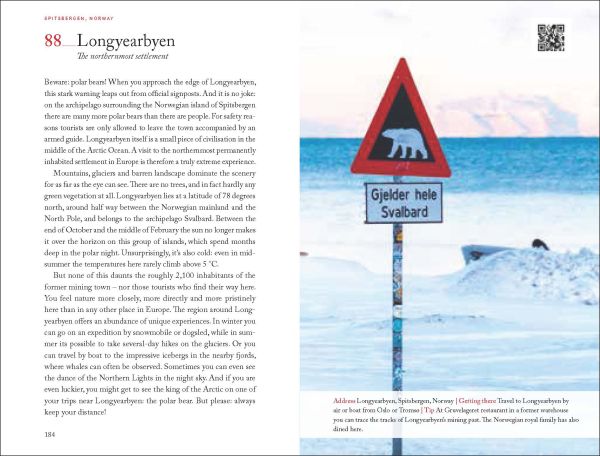 Golden double handled trophy near center of turquoise cover of '111 Extreme Places in Europe That You Shouldn't Miss', by Emons Verlag.