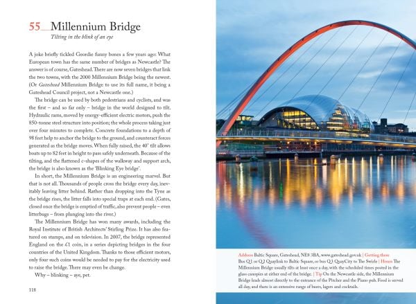 Magpie near centre of green cover of '111 Places in Newcastle That You Shouldn't Miss', by Emons Verlag.