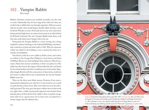 Magpie near centre of green cover of '111 Places in Newcastle That You Shouldn't Miss', by Emons Verlag.