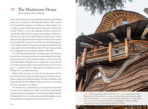 Black bear cub near center of emerald green cover of '111 Places in Whistler That You Must Not Miss', by Emons Verlag.