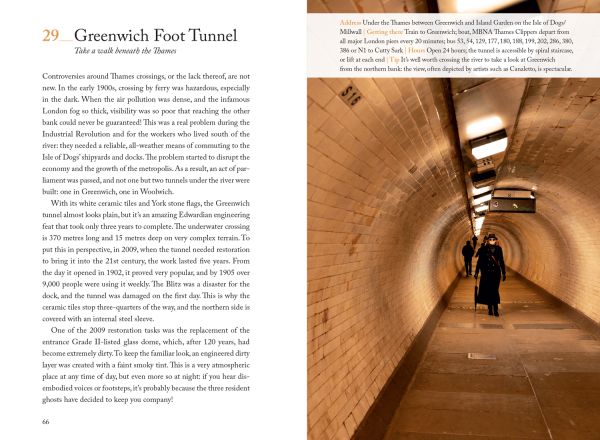 Vertical red line down centre of pale green cover of '111 Places in Greenwich That You Shouldn't Miss', by Emons Verlag.