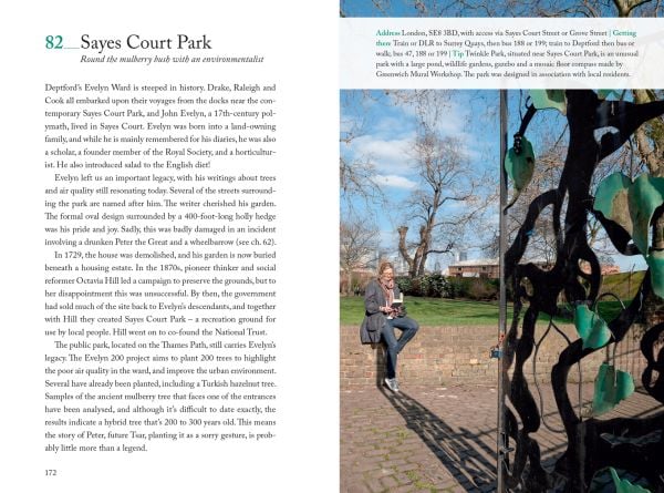 Vertical red line down centre of pale green cover of '111 Places in Greenwich That You Shouldn't Miss', by Emons Verlag.